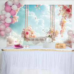 Lofaris Dreamy Pink Floral Swing Photography Backdrop with White Clouds, Ethereal Sky Background for Studio Portrait