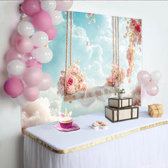 Lofaris Dreamy Pink Floral Swing Photography Backdrop with White Clouds, Ethereal Sky Background for Studio Portrait