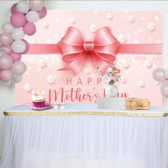 Lofaris Elegant Pink Mothers Day Backdrop with Shimmering Bow and Pearls, Celebration Background for Party Decor and Photoshoot