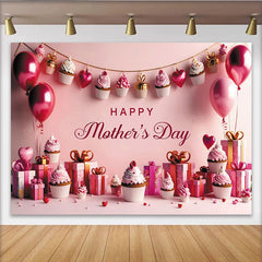 Lofaris Pink Happy Mother's Day Backdrop with Sweet Cupcakes Balloons, Party Background for Celebration and Photoshoot