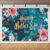 Lofaris Elegant Floral Happy Mother's Day Backdrop with Pink and Teal Flowers, Gold Script Background for Party Decor