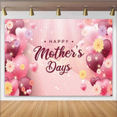 Lofaris Pink Happy Mothers Day Backdrop with Heart Balloons and Flowers, Striped Background for Party Decoration