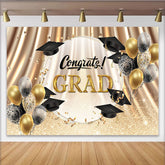 Lofaris Gold and Black Graduation Backdrop with Congrats Grad Text, Sparkling Balloons and Confetti Photo Booth Background
