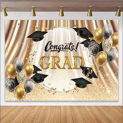 Lofaris Gold and Black Graduation Backdrop with Congrats Grad Text, Sparkling Balloons and Confetti Photo Booth Background