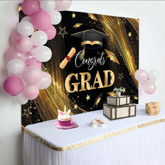 Lofaris Black Gold Glitter Graduation Backdrop with Congrats GRAD and Cap, Elegant Photo Booth Background for Class of 2024 Party Decor
