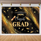 Lofaris Black Gold Glitter Graduation Backdrop with Congrats GRAD and Cap, Elegant Photo Booth Background for Class of 2024 Party Decor
