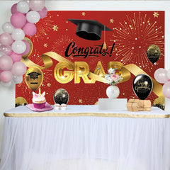 Lofaris Red and Gold Graduation Backdrop with Congrats Grad and Cap, Sparkling Party Background for Celebration Decor