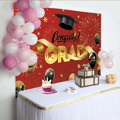 Lofaris Red and Gold Graduation Backdrop with Congrats Grad and Cap, Sparkling Party Background for Celebration Decor