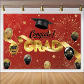 Lofaris Red and Gold Graduation Backdrop with Congrats Grad and Cap, Sparkling Party Background for Celebration Decor