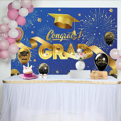 Lofaris Blue and Gold Congrats Grad Graduation Backdrop with Balloons, Elegant Party Background for Ceremony Photoshoot