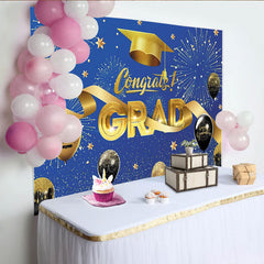 Lofaris Blue and Gold Congrats Grad Graduation Backdrop with Balloons, Elegant Party Background for Ceremony Photoshoot