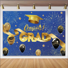 Lofaris Blue and Gold Congrats Grad Graduation Backdrop with Balloons, Elegant Party Background for Ceremony Photoshoot