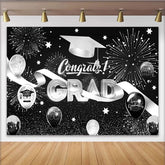 Lofaris Black and Silver Graduation Backdrop with Fireworks, Congrats Grad Balloons and Cap for Party Decor Photo Booth Prop