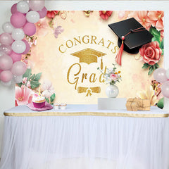 Lofaris Golden Glitter Congrats Grad Graduation Backdrop, Elegant Floral Photo Booth Prop for Ceremony and Party Decor