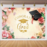 Lofaris Golden Glitter Congrats Grad Graduation Backdrop, Elegant Floral Photo Booth Prop for Ceremony and Party Decor