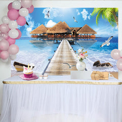 Lofaris Tropical Beach Photography Backdrop with Overwater Bungalows and Wooden Pier, Blue Ocean Scenery Background for Studio Photoshoot