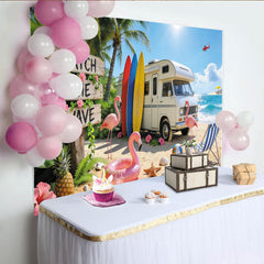 Lofaris Summer Beach Photography Backdrop with Camper Van, Surfboards and Flamingos, Tropical Ocean Background for Vacation Photoshoot
