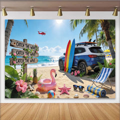 Lofaris Sunny Summer Beach Photography Backdrop with Ocean Waves and Surfboards, Tropical Vacation Background for Party Decor and Photoshoot