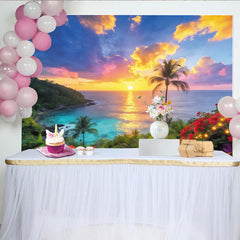 Lofaris Vibrant Tropical Beach Sunset Photography Backdrop with Palm Trees, Beautiful Ocean Scenery Background for Summer Party Photoshoot
