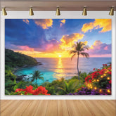 Lofaris Vibrant Tropical Beach Sunset Photography Backdrop with Palm Trees, Beautiful Ocean Scenery Background for Summer Party Photoshoot