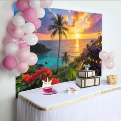 Lofaris Vibrant Tropical Sunset Photography Backdrop with Palm Trees, Dreamy Ocean Beach Scene Background with Fairy Lights
