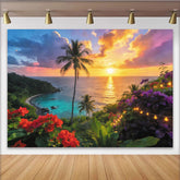 Lofaris Vibrant Tropical Sunset Photography Backdrop with Palm Trees, Dreamy Ocean Beach Scene Background with Fairy Lights