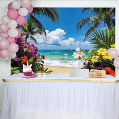 Lofaris Vibrant Tropical Beach Photography Backdrop with Palm Trees and Blue Ocean, Beautiful Summer Background for Vacation Photoshoot