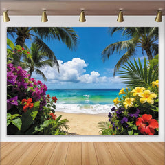 Lofaris Vibrant Tropical Beach Photography Backdrop with Palm Trees and Blue Ocean, Beautiful Summer Background for Vacation Photoshoot