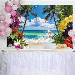 Lofaris Vibrant Tropical Beach Photography Backdrop with Palm Trees Colorful Blooms, Stunning Ocean Scenery Background for Summer Photoshoots