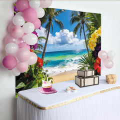 Lofaris Vibrant Tropical Beach Photography Backdrop with Palm Trees Colorful Blooms, Stunning Ocean Scenery Background for Summer Photoshoots