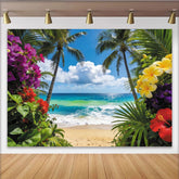 Lofaris Vibrant Tropical Beach Photography Backdrop with Palm Trees Colorful Blooms, Stunning Ocean Scenery Background for Summer Photoshoots