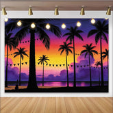 Lofaris Vibrant Tropical Sunset Photography Backdrop with Palm Trees and String Lights, Beach Party Background for Summer Photos