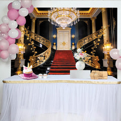 Lofaris Luxury Grand Staircase Photography Backdrop with Red Carpet and Gold Railings, Elegant Royal Mansion Background for Formal Events