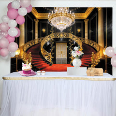 Lofaris Luxury Grand Staircase Photography Backdrop with Red Carpet and Golden Railings, Opulent Studio Background for Event Decor