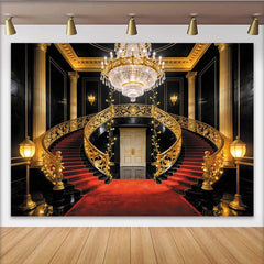 Lofaris Luxury Grand Staircase Photography Backdrop with Red Carpet and Golden Railings, Opulent Studio Background for Event Decor