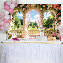 Lofaris Elegant Pink Rose Garden Arch Photography Backdrop with Sheer Curtains and Columns, Beautiful Photo Booth Prop for Wedding