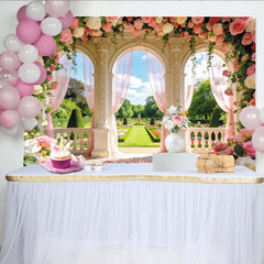 Lofaris Romantic Garden Wedding Backdrop with Pink Roses and Arches, Elegant Floral Photography Background for Bridal Shower or Party