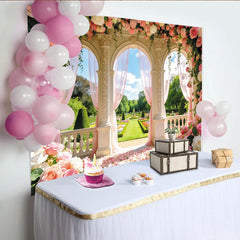 Lofaris Romantic Garden Wedding Backdrop with Pink Roses and Arches, Elegant Floral Photography Background for Bridal Shower or Party