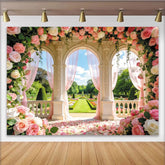 Lofaris Romantic Garden Wedding Backdrop with Pink Roses and Arches, Elegant Floral Photography Background for Bridal Shower or Party