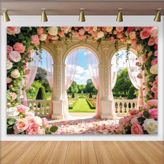 Lofaris Romantic Garden Wedding Backdrop with Pink Roses and Arches, Elegant Floral Photography Background for Bridal Shower or Party