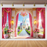 Lofaris Pink Princess Castle Birthday Backdrop with Golden Archway and Rose Chandelier, Enchanted Garden Photography for Girls