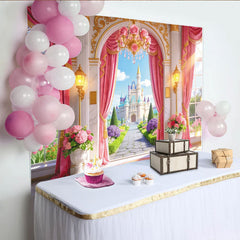 Lofaris Pink Princess Castle Birthday Backdrop with Golden Arch and Rose Chandelier, Fairytale Garden Photography Background for Girls Party