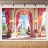 Lofaris Pink Princess Castle Birthday Backdrop with Golden Arch and Rose Chandelier, Fairytale Garden Photography Background for Girls Party