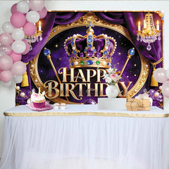 Lofaris Royal Purple and Gold Crown Birthday Backdrop for Girls, Elegant Photography Background with Chandeliers and Flowers for Party Decor