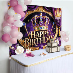 Lofaris Royal Purple and Gold Crown Birthday Backdrop for Girls, Elegant Photography Background with Chandeliers and Flowers for Party Decor