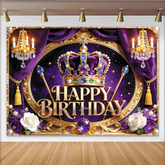 Lofaris Royal Purple and Gold Crown Birthday Backdrop for Girls, Elegant Photography Background with Chandeliers and Flowers for Party Decor