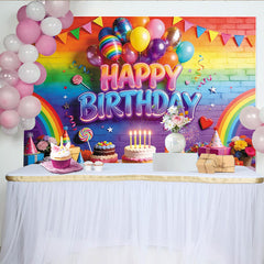 Lofaris Vibrant Rainbow Happy Birthday Backdrop with Colorful Balloons and Cakes, Festive Party Decoration for Photoshoot