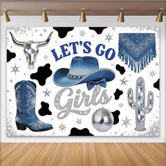 Lofaris Blue Cowgirl Disco Birthday Backdrop, Let's Go Girls and Glitter, Sparkling Boots, Hat, Cow Print Western Party Photo Booth Prop
