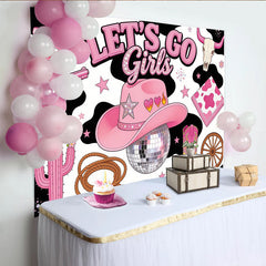Lofaris Pink Disco Cowgirl Birthday Backdrop with Western Elements, Fun Party Decor for Girls Celebration