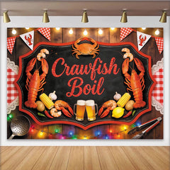 Lofaris Chalkboard Crawfish Boil Backdrop for Summer Party, Red Checkered Banner for Backyard Feast Decoration